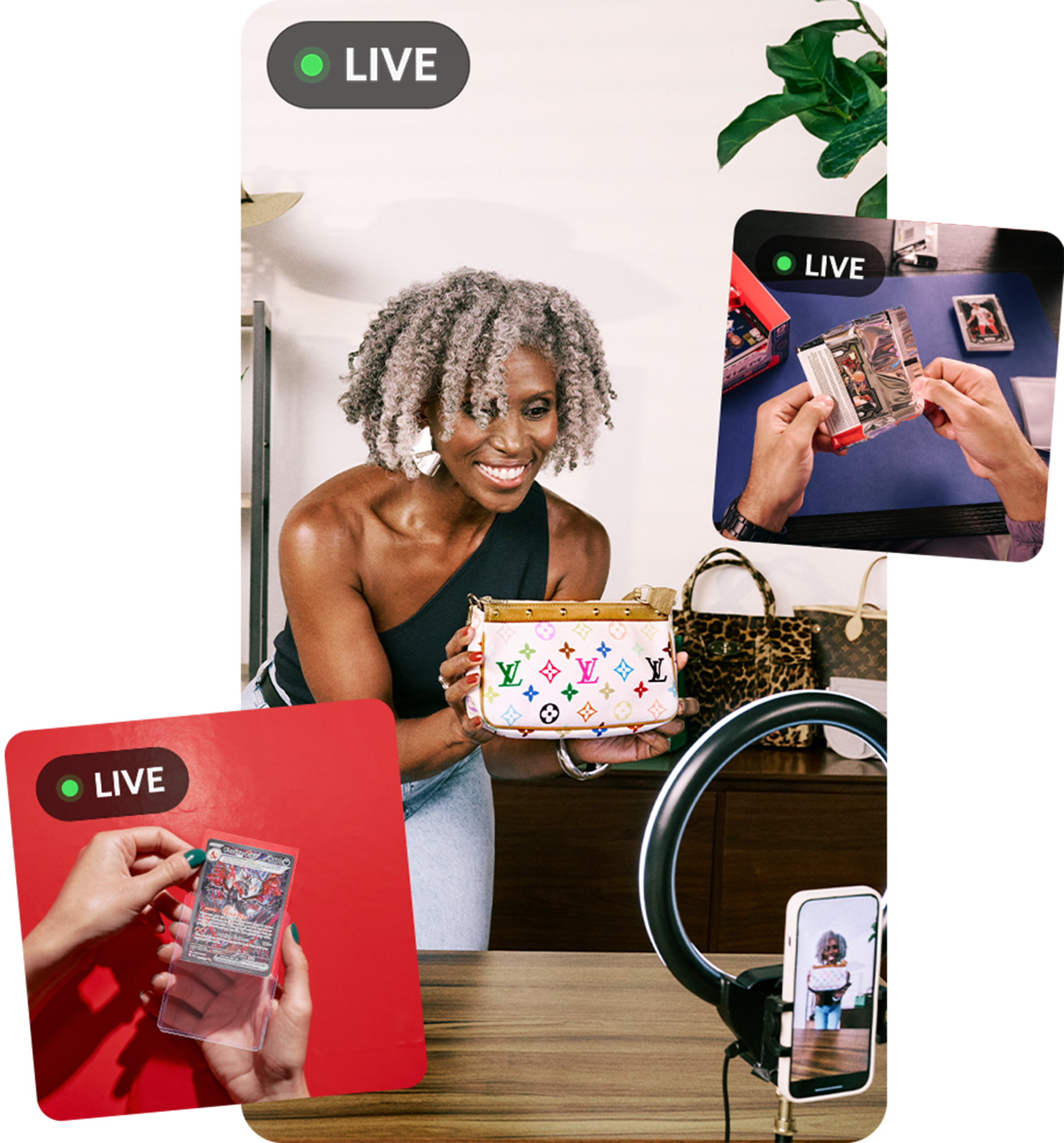 eBay Liveで商品を紹介するセラーと、ライブ配信画面のイメージ