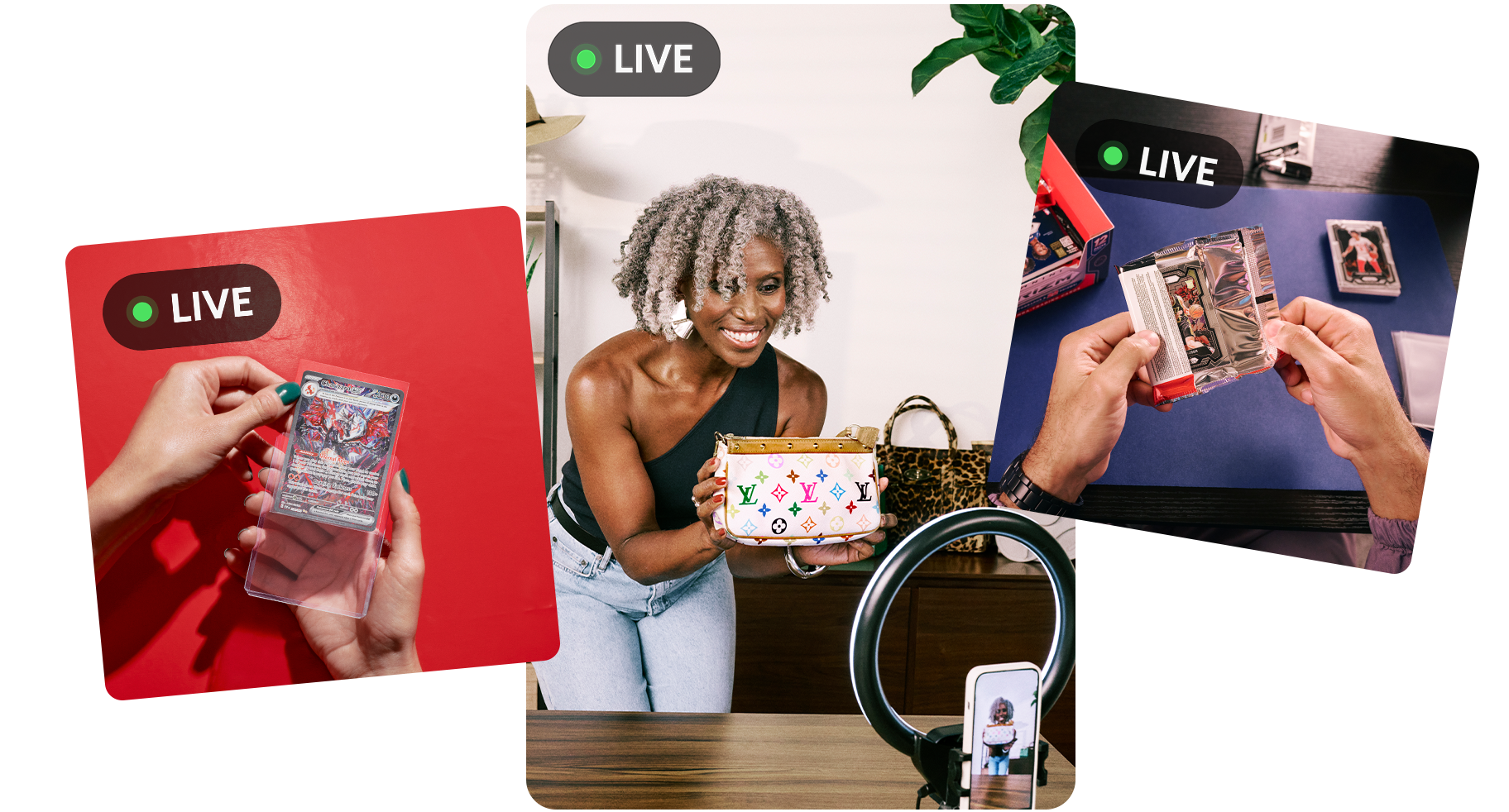 eBay Liveで商品を紹介するセラーと、ライブ配信画面のイメージ
