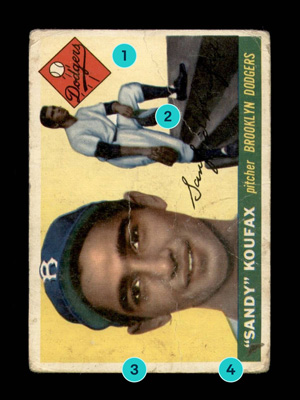 A Very Good condition baseball card with signs of wear marked as 1, 2, 3, 4.