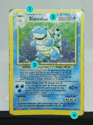 A Heavily Played (Poor) Pokémon card with signs of wear marked as 1, 2, 3, 4.