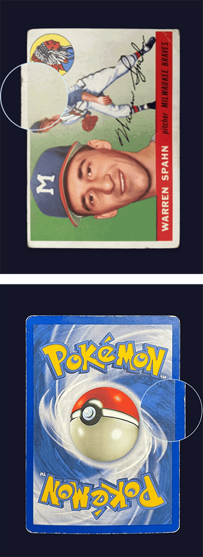 A baseball card with a magnified front left edge and a Pokémon card with a magnified back right edge.